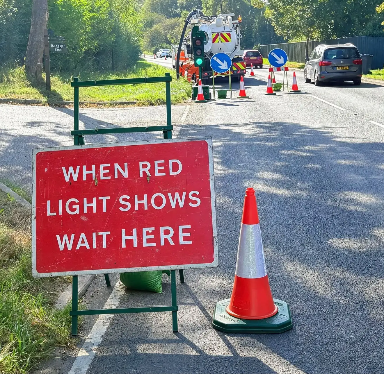 Stop line sign and cones at portable traffic signals