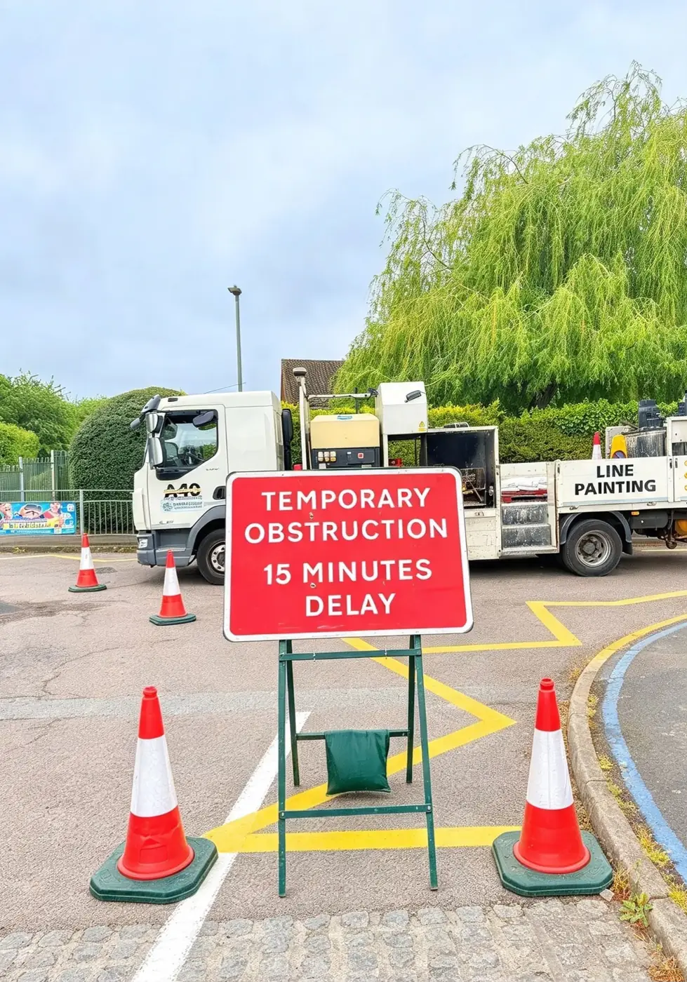 Temporary Obstruction sign with cones during line painting