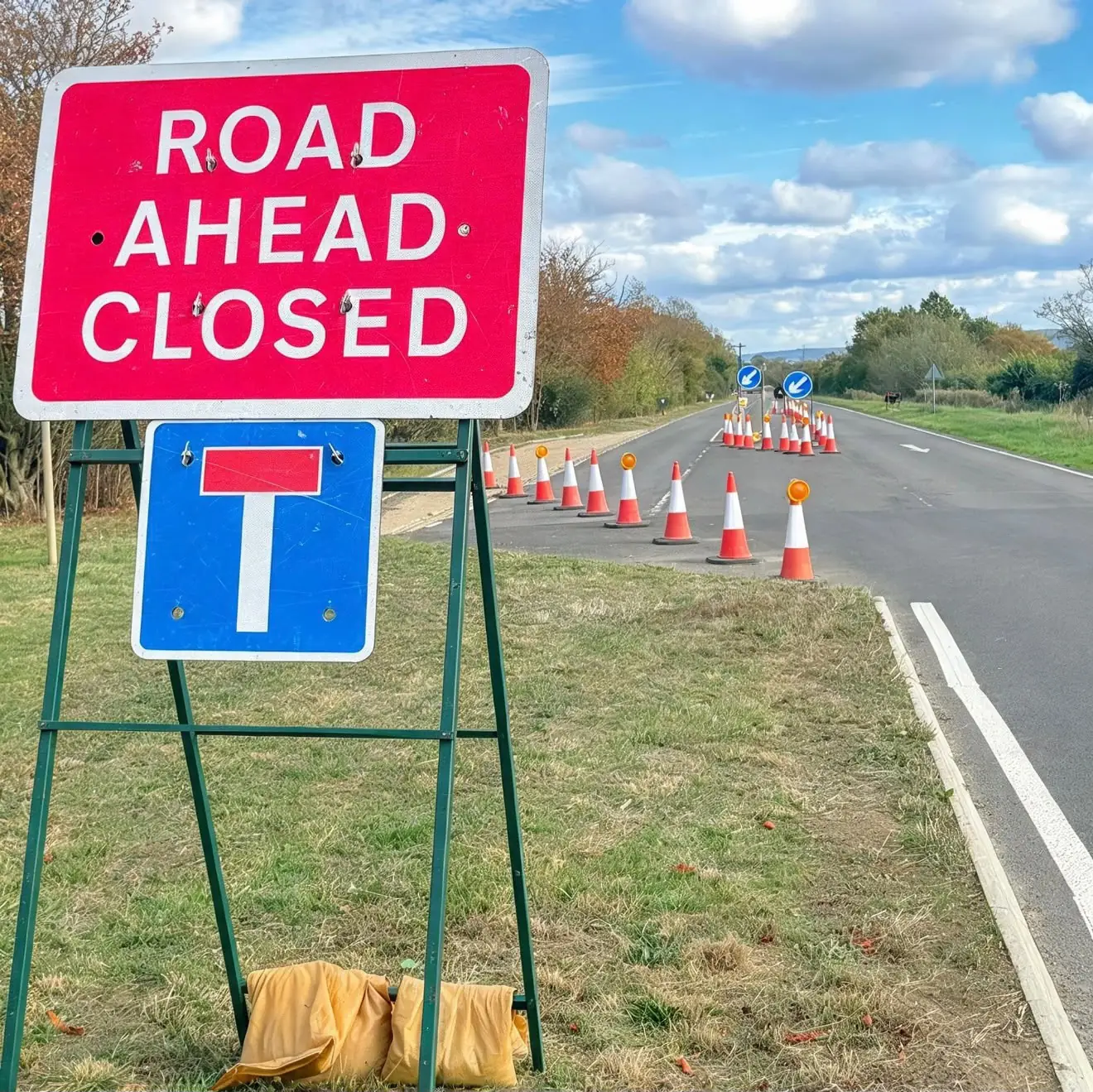 Road Ahead Closed sign with a line of cones along a rural road