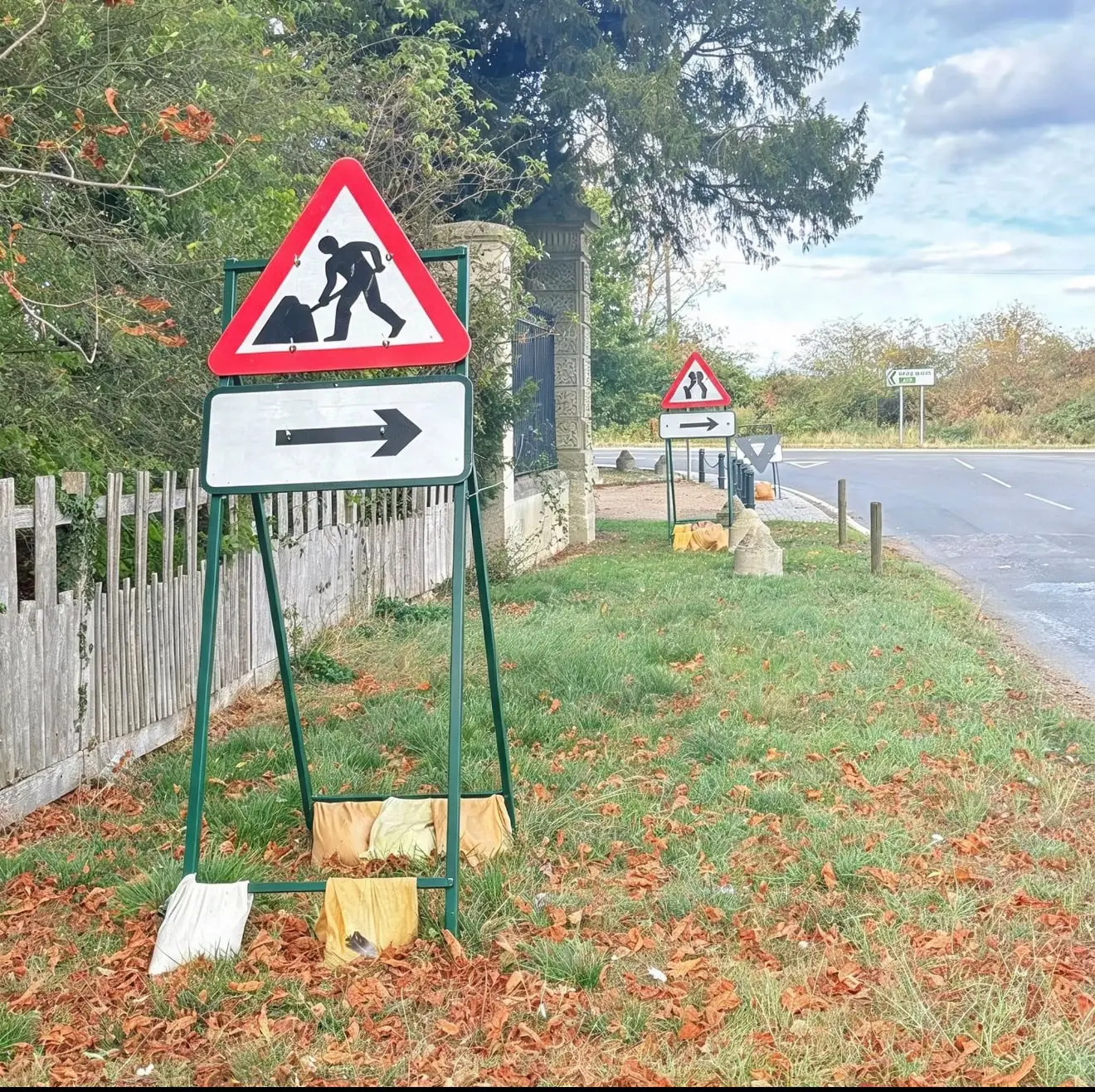 Roadworks warning signs with diversion arrows on a verge